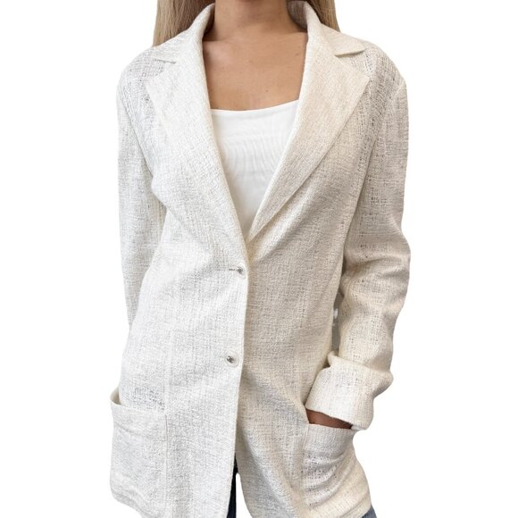 CHANEL Vintage 98P CC Logo Button Boucle Tweed Blazer Jacket #38 White [106201] - Picture 1 of 12